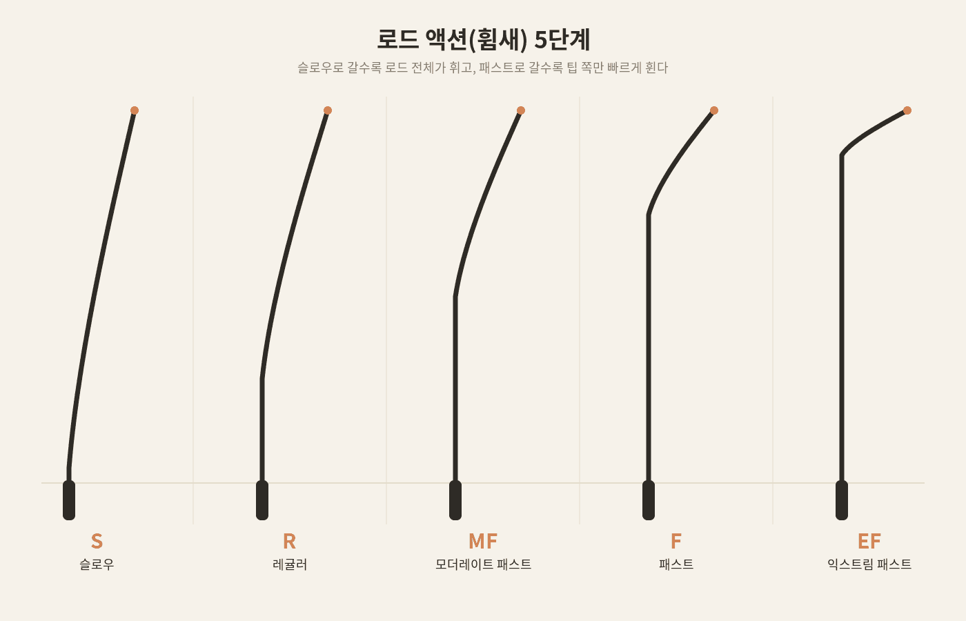 로드 액션(휨새) 5단계 다이어그램: 슬로우, 레귤러, 모더레이트 패스트, 패스트, 익스트림 패스트