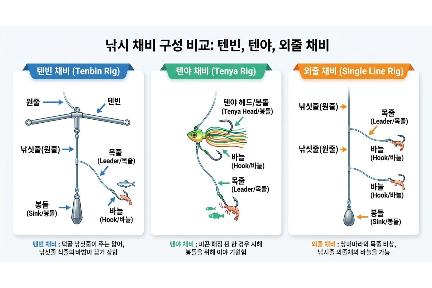 갈치 선상낚시 텐빈 텐야 외줄 채비 비교 다이어그램