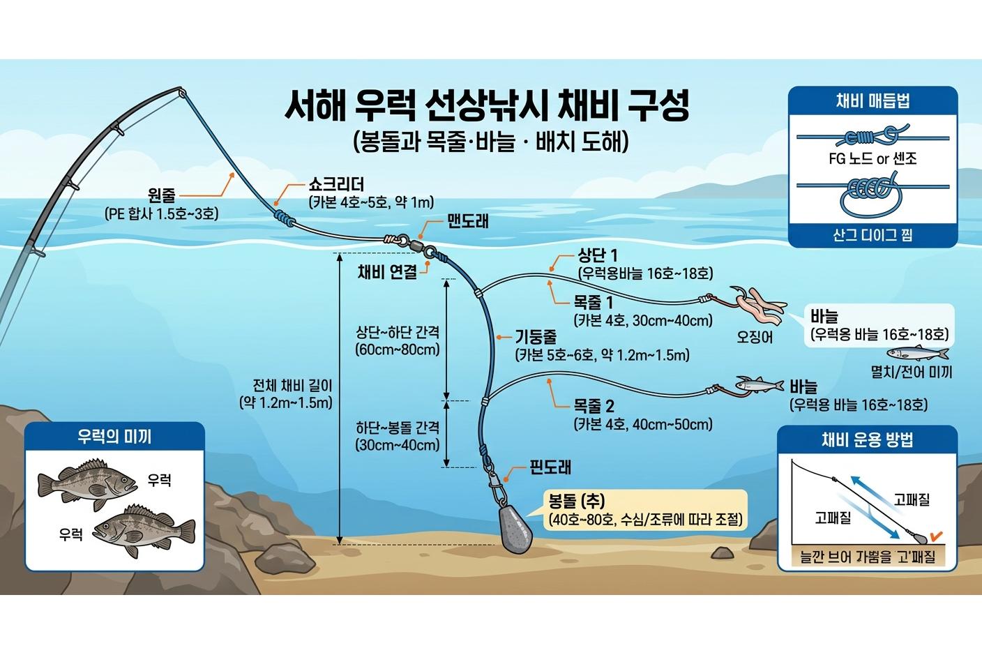 서해 우럭 선상낚시 채비 구성 — 봉돌과 바늘 배치